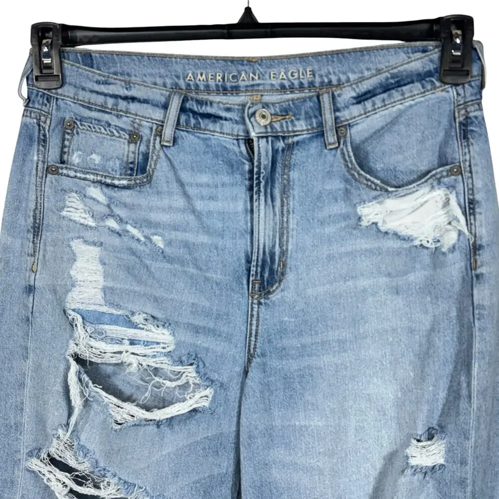 American Eagle SZ 10 Skater Jeans Wide-Leg Distressed Rips Zip-Fly Hi-Rise Blue - Picture 2 of 12